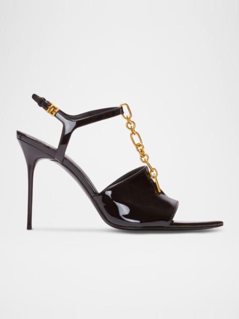 Balmain Sync Patent Leather Chain T-Strap Stiletto Sandals