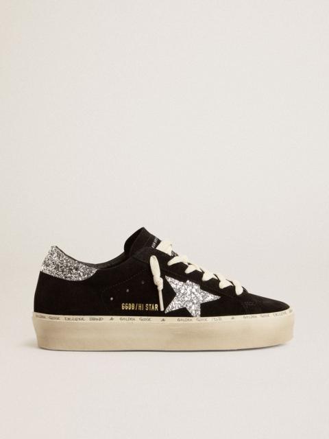 Golden Goose Women’s Hi Star in black suede with silver glitter star