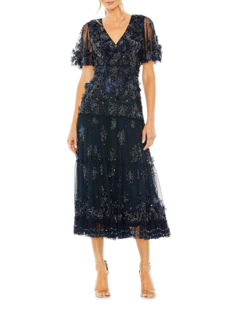 MAC DUGGAL Women's Floral Embellished Tiered Midi-Dress - Midnight