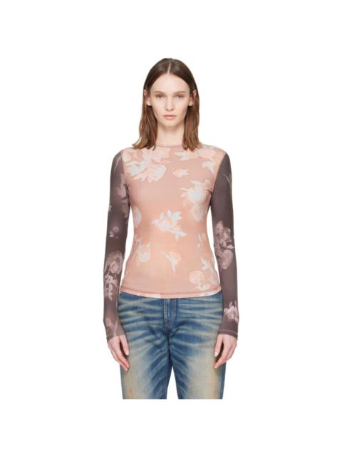 Diesel Pink & Brown Floral-Print Ribbed Jersey T-shirt
