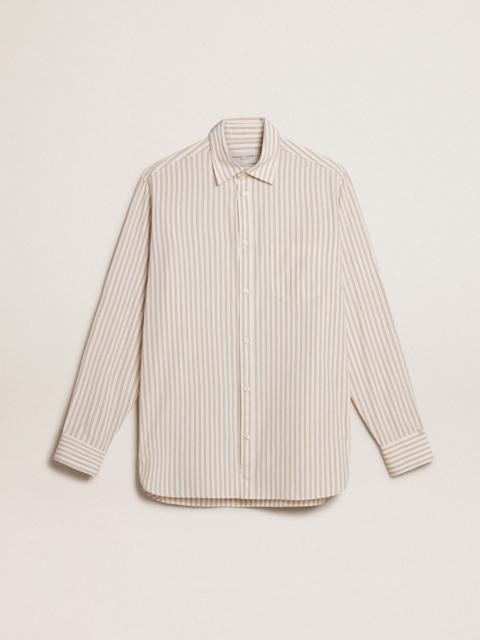 Golden Goose Men’s white cotton shirt with beige stripes