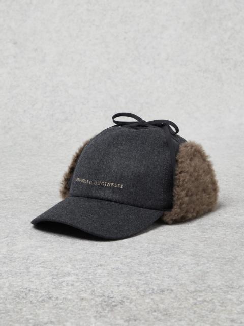 Brunello Cucinelli Virgin wool flannel baseball cap with precious shearling-lined ear flaps