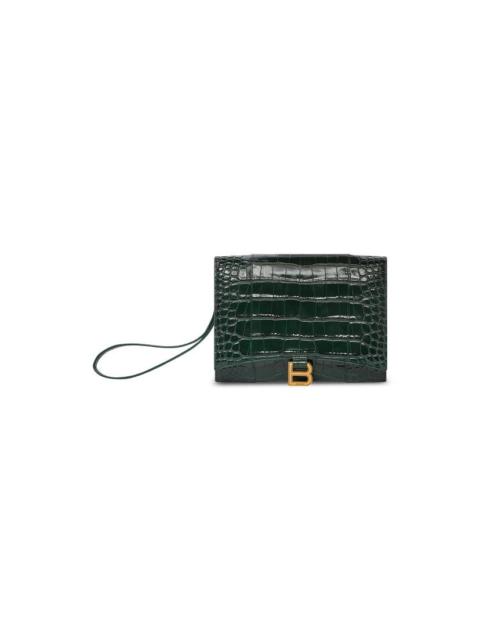 BALENCIAGA Women's Hourglass Gusset Pouch Crocodile Embossed  in Forest Green