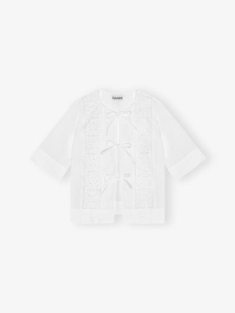 GANNI WHITE BRODERIE ANGLAISE TIE BLOUSE