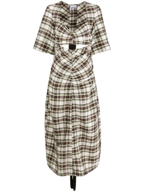 GANNI ruched plaid midi dress