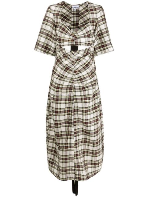 ruched plaid midi dress