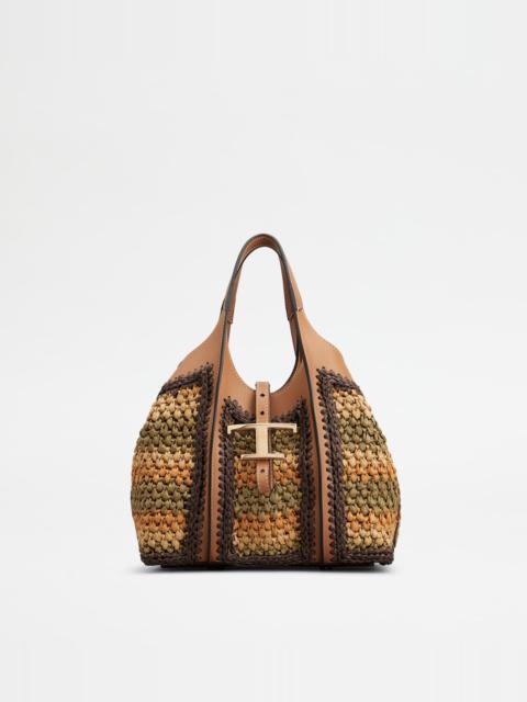 Tod's T TIMELESS SHOPPING BAG IN LEATHER AND FABRIC MINI - BEIGE, ORANGE, GREEN