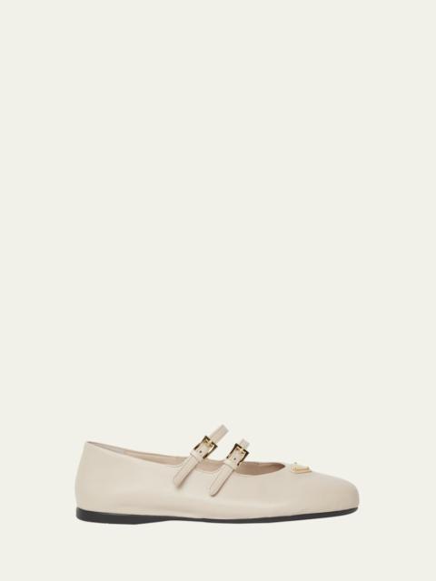 Prada Nappa Leather Double-Strap Triangle Logo Ballerina Flats