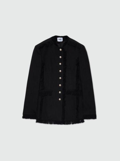 MSGM Black single-breasted raw cotton jacket with frayed edges.
