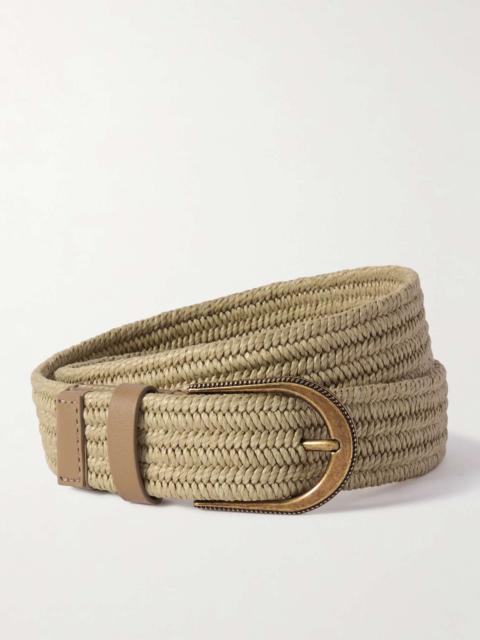 Leather-trimmed woven linen-blend belt
