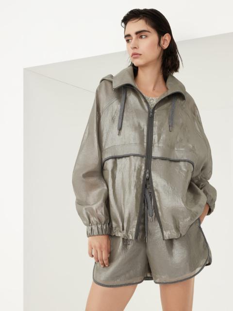 Lamé cotton gauze hooded outerwear jacket with shiny trims