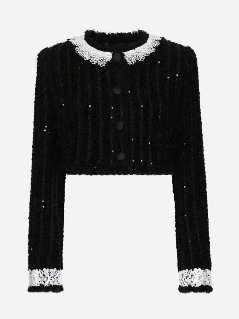 Short tweed jacket with micro-sequin embellishment