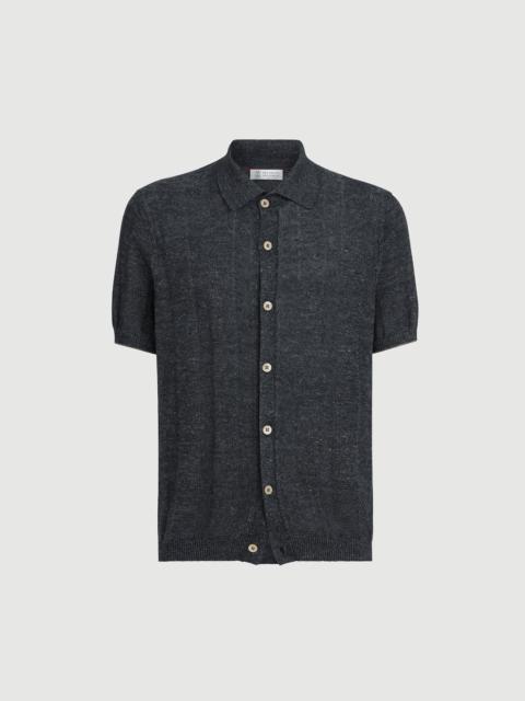 Brunello Cucinelli Linen and cotton textured rib short sleeve knit shirt