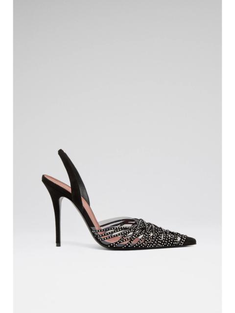 LORI CRYSTAL SLING 105 BLACK SUEDE AND WHITE CRYSTALS