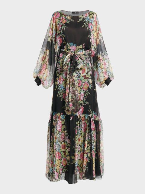 Etro Bouquet Floral-Print Balloon-Sleeve Tiered Silk Dress