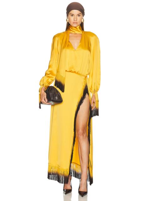 ROWEN ROSE Satin Fringe Maxi Dress