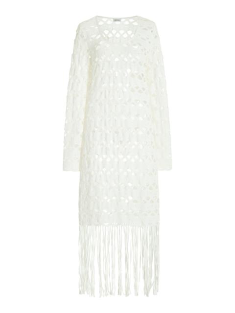 SIMKHAI Pierce Fringed Crocheted-Cotton Midi Dress white