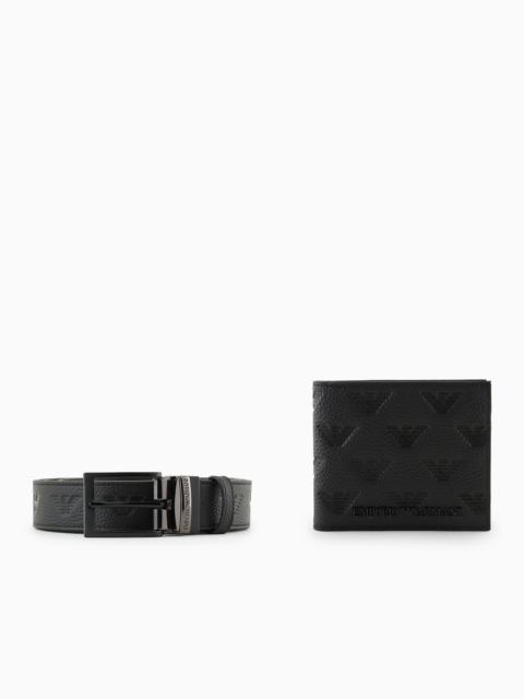 EMPORIO ARMANI Gift box with leather wallet and belt with all-over embossed eagle