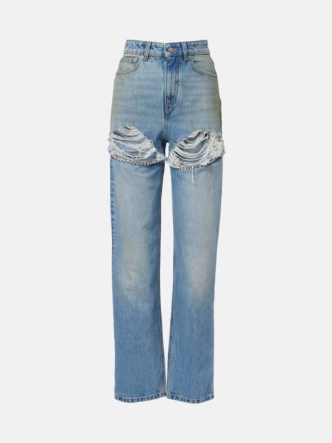 AREA Distressed embellished wide-leg jeans