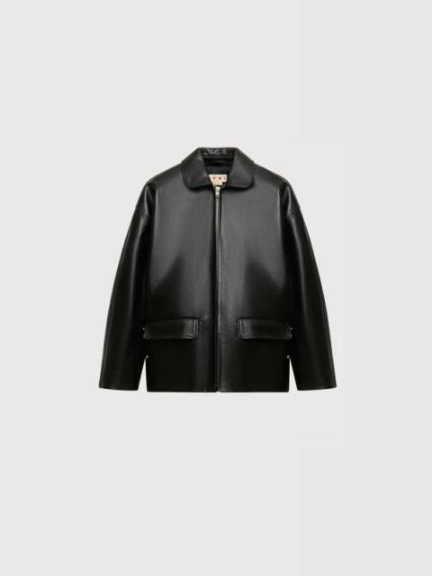 Marni BLACK GLOSSY LEATHER JACKET WITH MARTINGALE