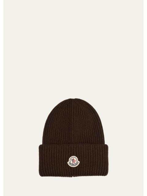 Moncler Men's Wool and Cashmere Ribbed Logo Beanie Hat