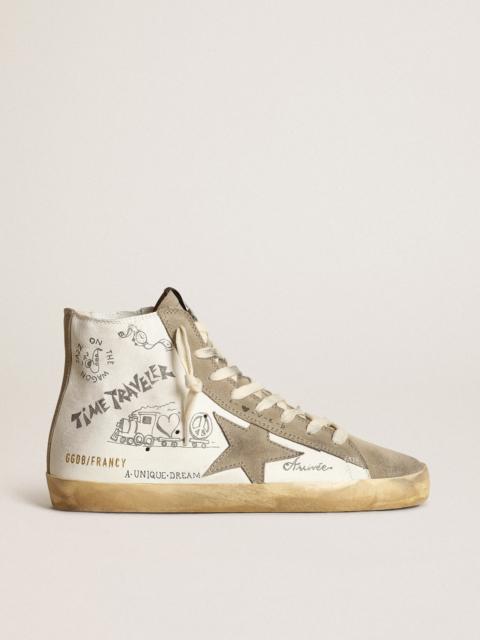 Golden Goose Women’s Francy sneakers with dove-gray suede inserts and all-over black lettering
