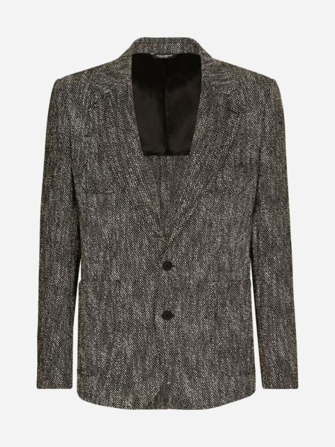 Double-breasted herringbone cotton and wool tweed jacket