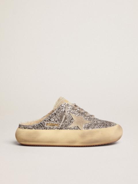 Golden Goose Space-Star Sabot shoes in silver glitter with shearling lining