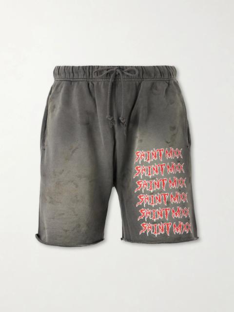 SAINT M×××××× Wide-Leg Logo-Print Distressed Cotton-Jersey Drawstring Shorts