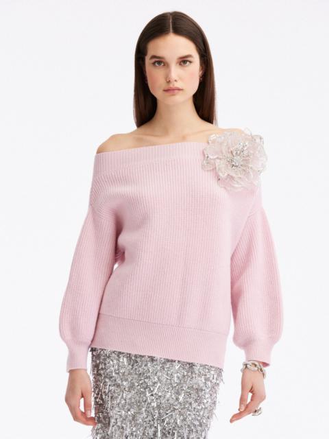 Oscar de la Renta OFF SHOULDER FLORAL APPLIQUÉ PULLOVER