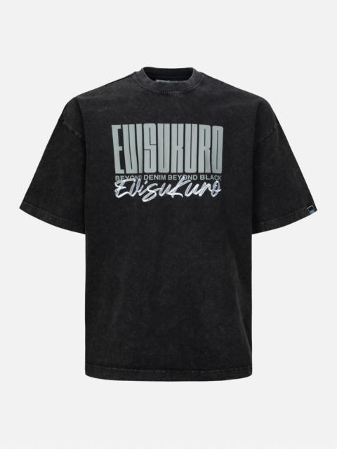 EVISU Logo and Slogan Print Oversized Pigment Dye T-Shirt