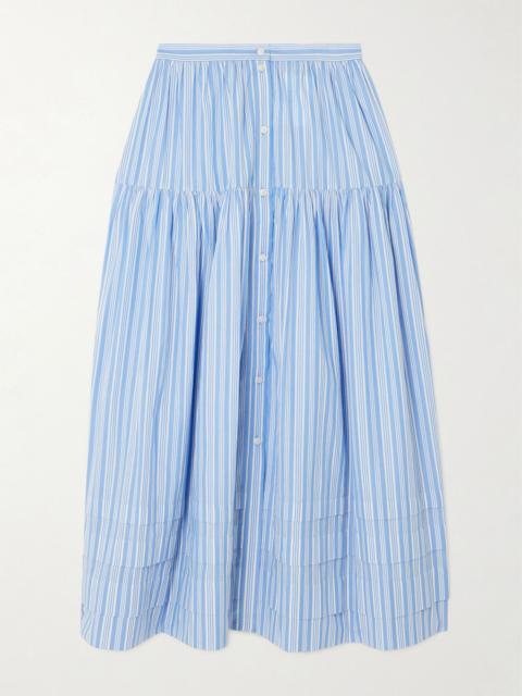 DÔEN Marceline tiered striped organic cotton midi skirt Blue