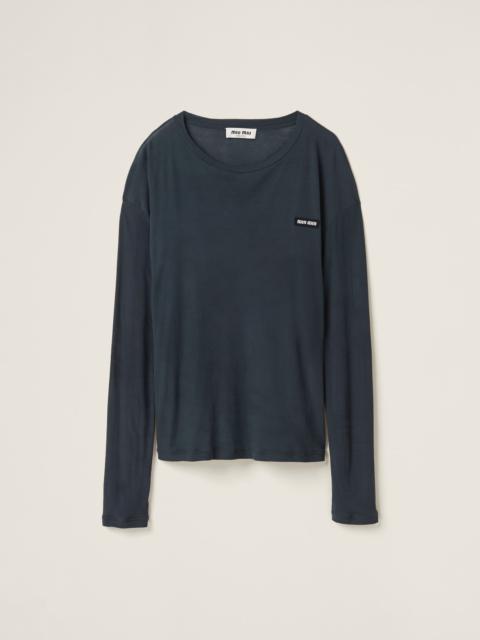 Long-sleeved garment-dyed ribbed knit jersey T-shirt