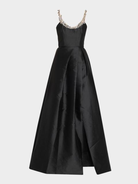 Monique Lhuillier Crystal Scoop-Neck Pleated Mikado Silk Gown