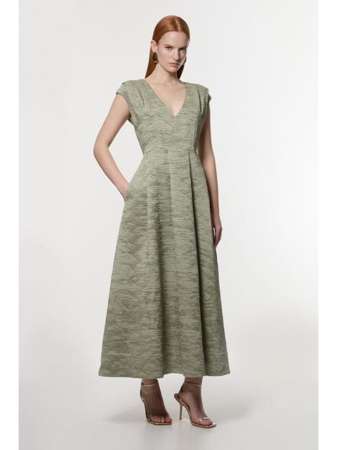KAREN MILLEN Crinkle Satin Pleated Sleeveless Full Skirt Tailored Midi Dress