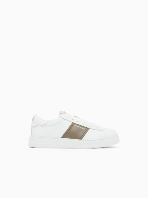 EMPORIO ARMANI LEATHER SNEAKERS WITH AN EMBOSSED LOGO AND CONTRASTING PANEL