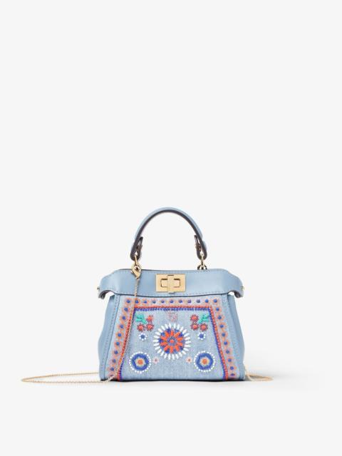 FENDI Nano Peekaboo Light blue denim miniature bag with multicolor embroidery