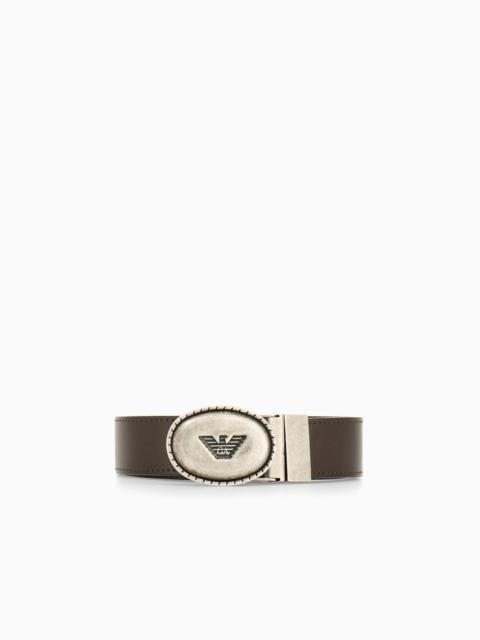 EMPORIO ARMANI SUEDE AND GRAINED LEATHER BELT WITH OVAL LOGO PLAQUE