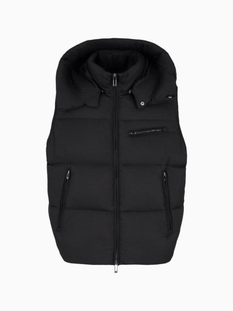 Zipped, hooded sleeveless down jacket in jacquard nylon with all-over logo lettering