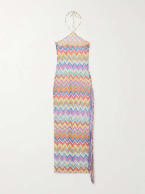 Fringed striped crochet-knit coverup