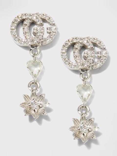 GUCCI 18k White Gold Diamond Flora GG Drop Earrings