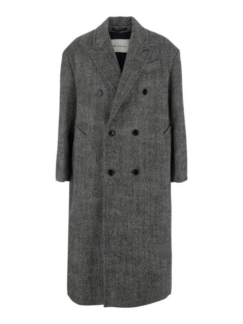 AMI Paris Ami Paris Men Grey Long Double-Breasted Coat With Peak Revers And All-Over Herringbone Motif In Wool