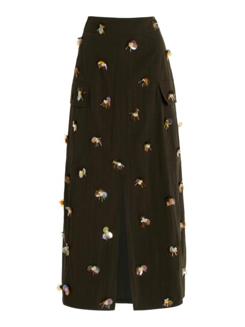 ULLA JOHNSON Rhodes Embellished Cotton-Blend Midi Skirt dark green