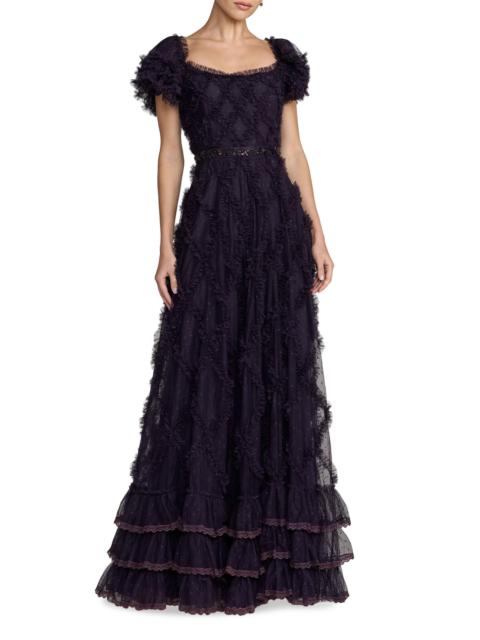 MAC DUGGAL Women's Ruffled Mesh Short-Sleeve Gown - Midnight