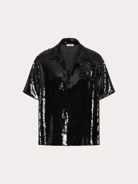 Valentino CHIFFON BOWLING SHIRT WITH ALL-OVER SEQUINS AND FLORAL EMBROIDERY