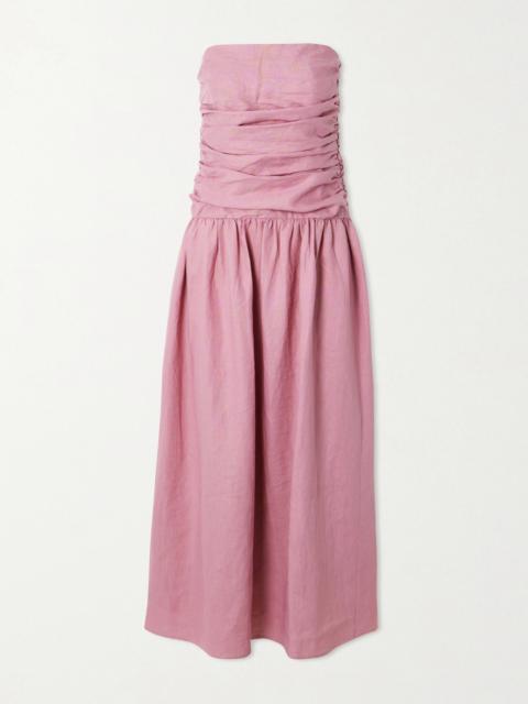 FAITHFULL Sacha Ruched Pleated Linen Maxi Dress
