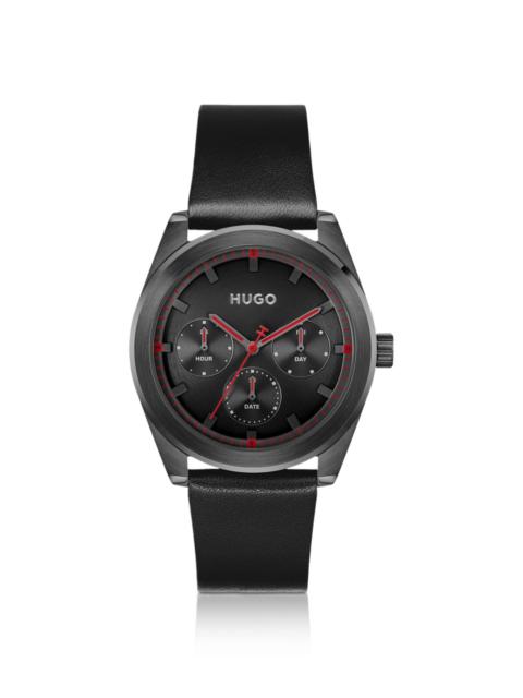 HUGO #BRIGHT SPORT BLACK-PLATED WATCH WITH TONAL LEATHER STRAP