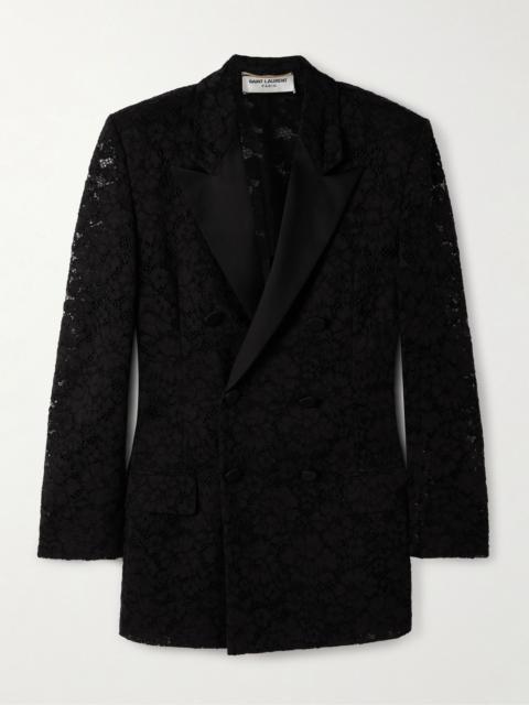 SAINT LAURENT Double-breasted satin-trimmed lace blazer Black