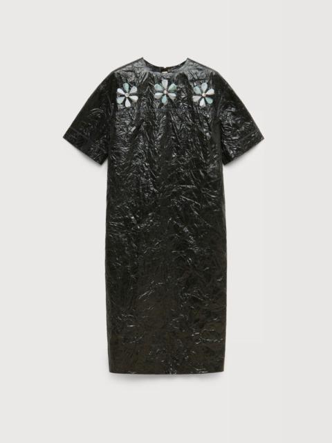 Marni BLACK CRINKLED TAFFETA DRESS WITH DAISY DETAILS