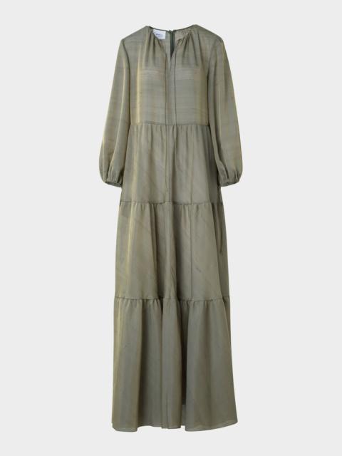 AKRIS Long-Sleeve Tiered Silk Batiste A-Line Maxi Dress